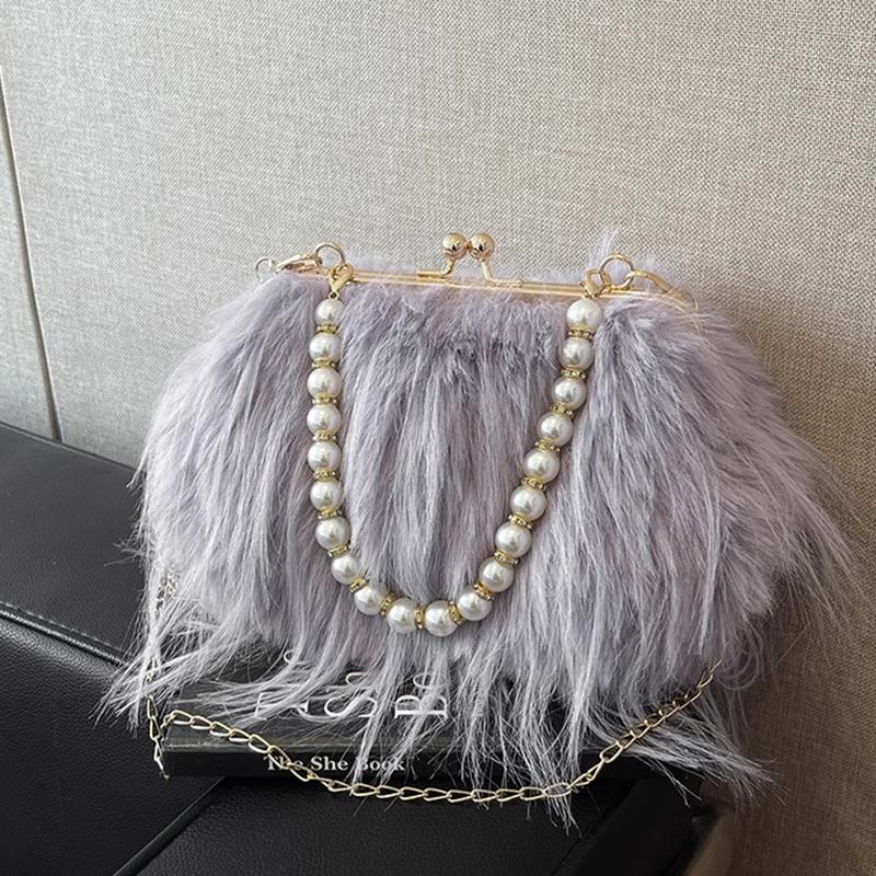 Yogodlns Luxuriöse Abendtasche aus Kunstfell Flauschige Einfarbige Schultertasche Große Kapazität Perlenhenkel Clutch Umhängetasche für Damen