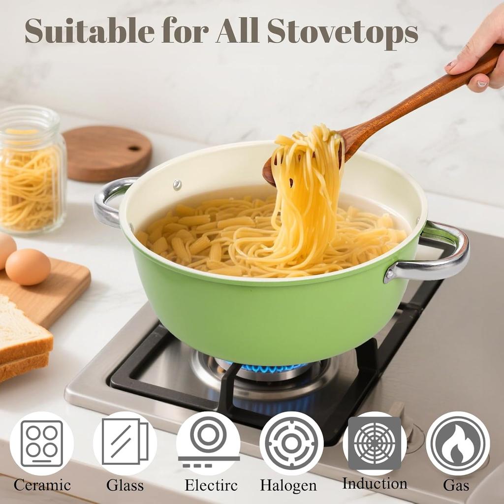 Ceramic Nonstick Stock Pot with Lid, 4.2 Quart Soup Pot, Cooking Pot Stew Pots, Induction Compatible Stockpot, Avocado Green
