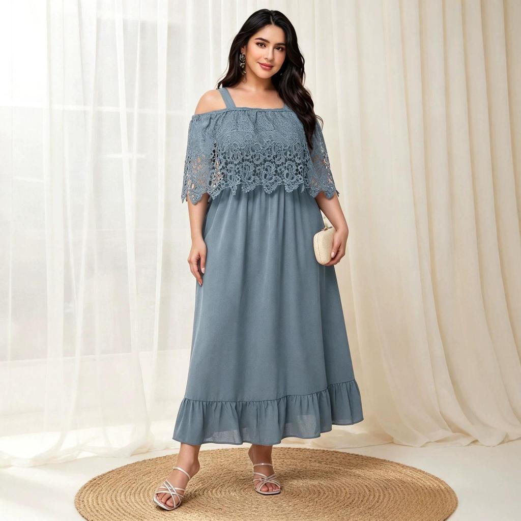 Elegant Off-Shoulder Plus Size Lace Trim Dress