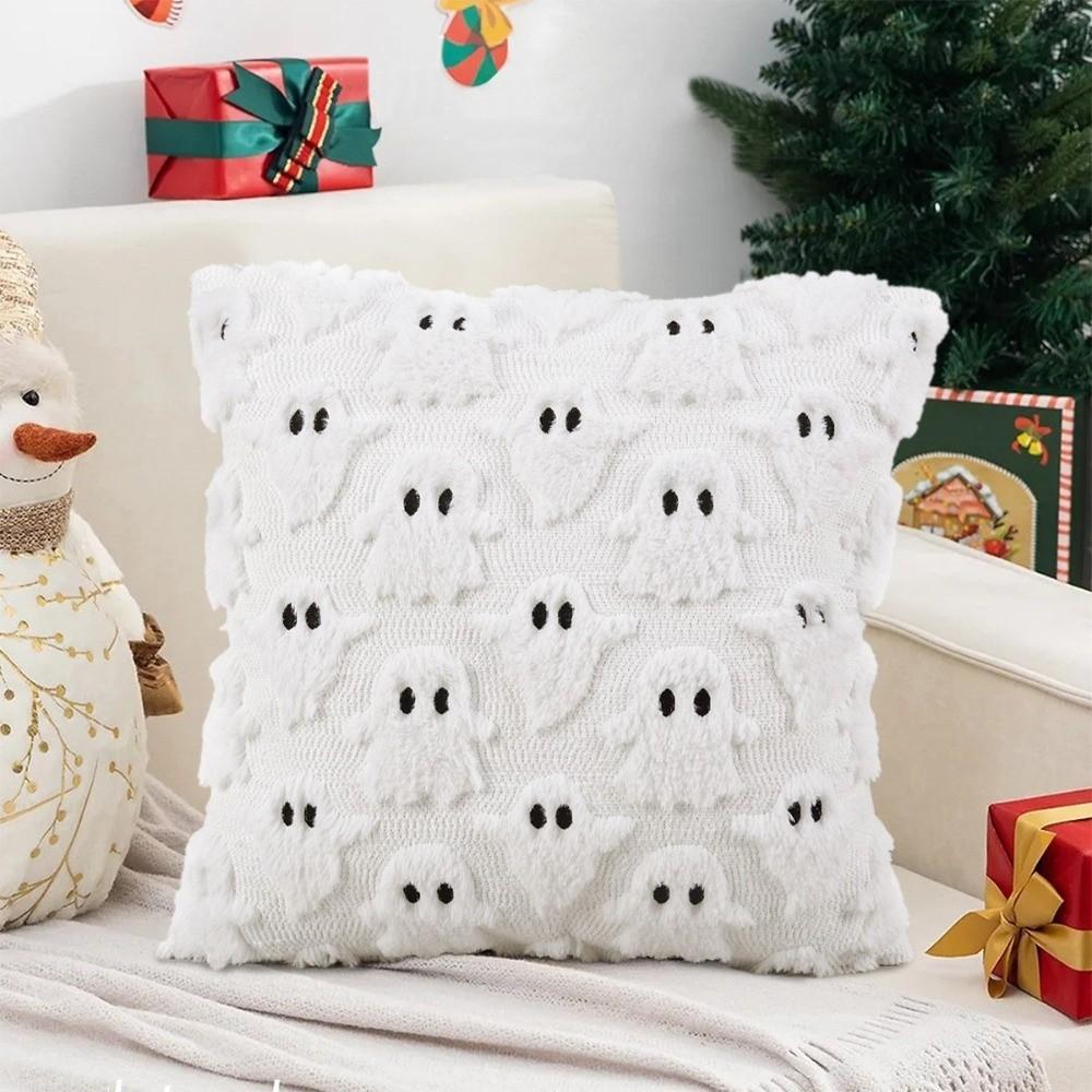 Square Fall Pillowcase Ghost with Pumpkin Cushion Covers Soft Plush Pillow Case  Halloween Decor