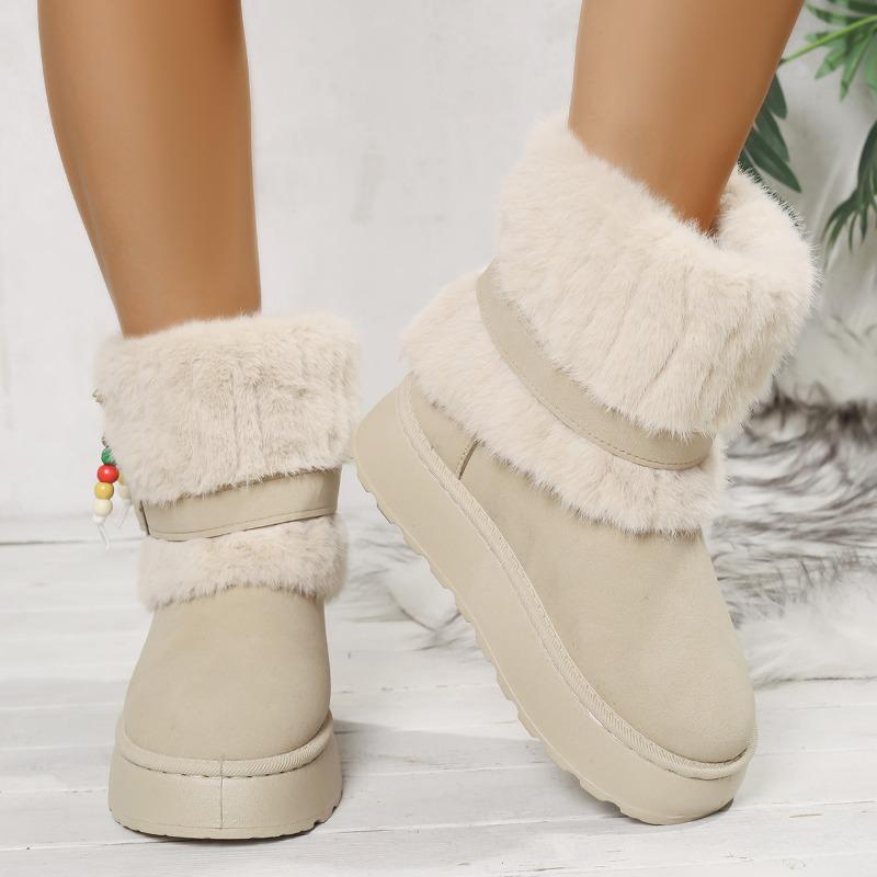 Winter Large Size Beaded Wool Thickened Cotton Shoes Women's Cross-border Round Head Plush Thick-soled Warm Snow Boots