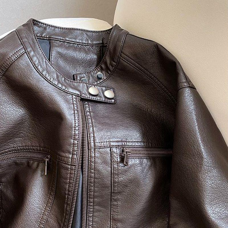 2025 Retro Hong Kong Style Women's PU Leather Motorcycle Jacket - Spring/Autumn, Short Petite Loose Fit, Stand Collar
