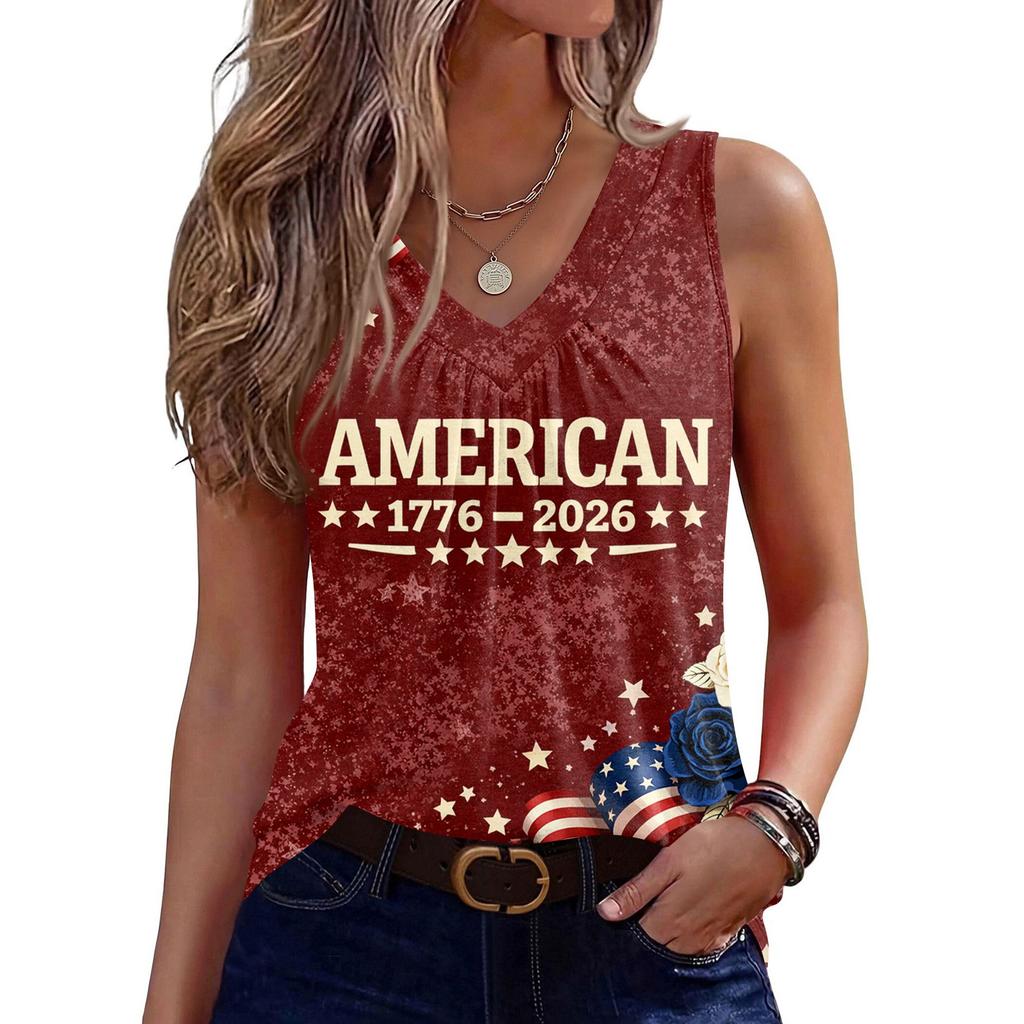 Women’s Sleeveless V Neck Tank Top with 250th Anniversary 1776 2026 and Floral Print Casual Summer Blouse Shirt