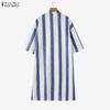 ZANZEA Women Stand Collar 3/4 Sleeve Loose Stripe Shirt Dress