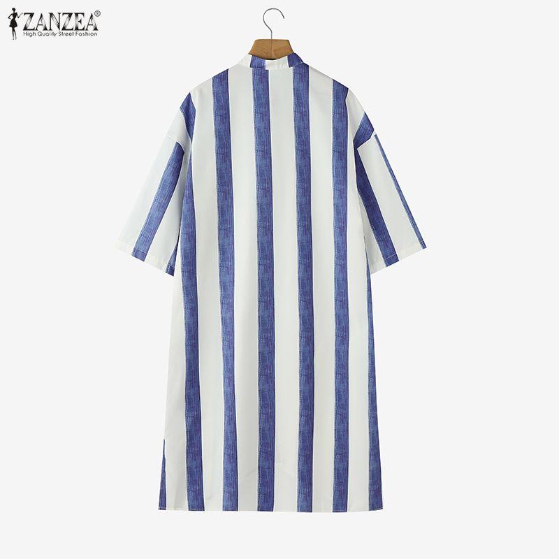 ZANZEA Women Stand Collar 3/4 Sleeve Loose Stripe Shirt Dress