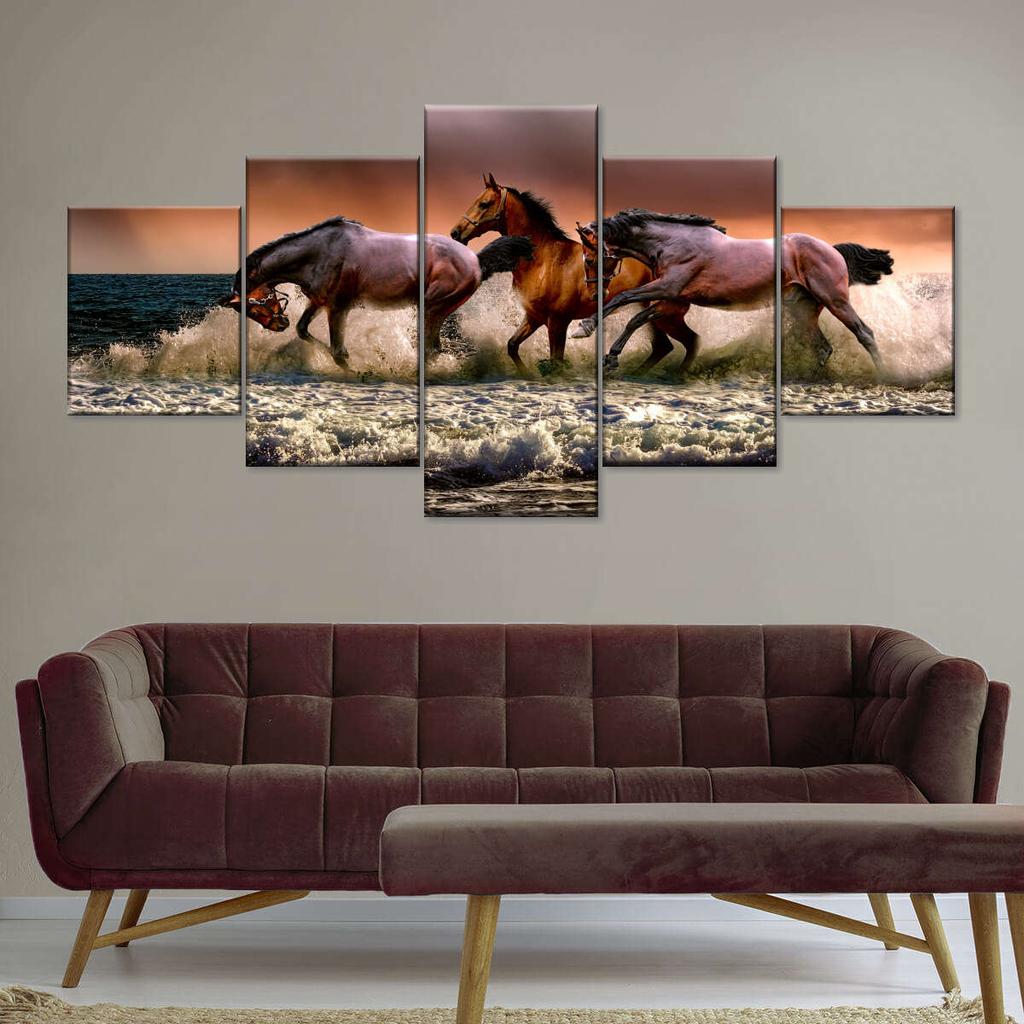 5 Panel Clashing Wild Horses Wall Art Running Horses Canvas Painting Horses On Beach Posters for Living Room Wall Decor No Frame