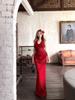 Maxi Abito da Donna Rosso Floreale con Schiena Scoperta e Scollo all'Americana – Elegante per l'Estate, Formale, Vestibilità aderente, che abbraccia i fianchi