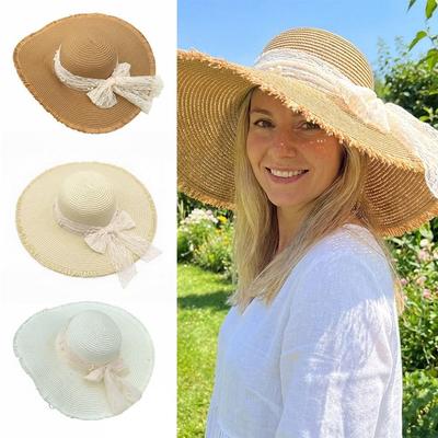 Lace Bow Straw Hat Woven Sun Hat Elegant Beach Hat  Women