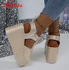 Fashion Aphixta Summer 9cm High Wedge Heel Platform Sandals Woman Sandals Gold Upper Women Zip Summer Shoes Peep Toe Sandals Big Size 43