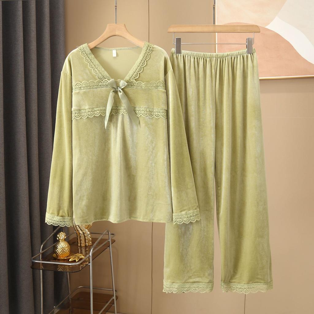 Women's Autumn Winter Velvet Sleepwear Sexy V-Neck Pajamas Set Long Sleeve Pants Nightwear Loungewear Solid Color Home Clothes