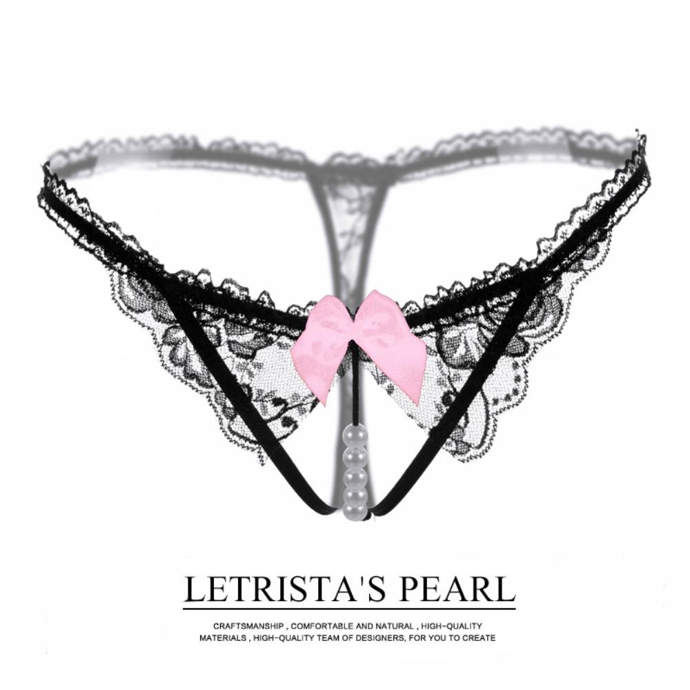 Japanese Cute Pure Desire Panties Women Pearl Open Crotch Hollow Internet Celebrity Thong Transparent Low Waist Thin Lace T-pants