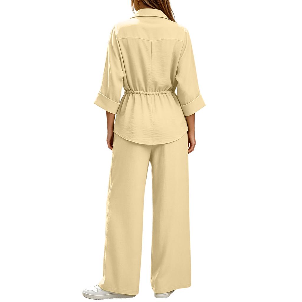 Women's Casual Two Piece Long Sleeve Collared Shirt and Pants Set