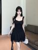 Nightclub Sexy Spaghetti Strap Dress – Low-Cut, Tassel Patchwork, Waist-Cinched, Large Hem Short Skirt