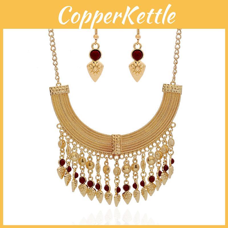 European Boho Tassel Necklace With Layered Chain And Gemstone Details For Trendy Looks