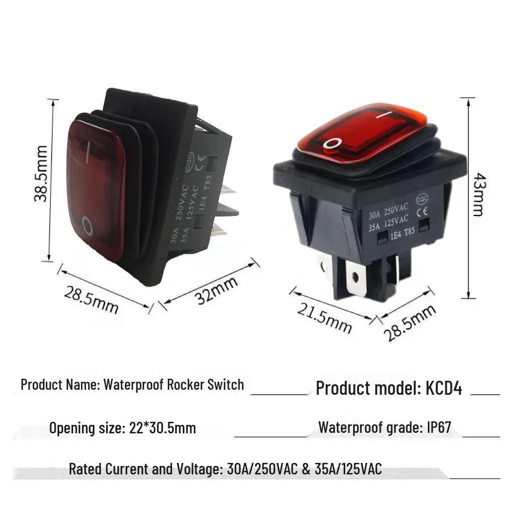 Waterproof KCD4 Boat-shaped Rocker Switch, High Current, 4/6 Pins, 2/3 Positions, with Light Silver Point