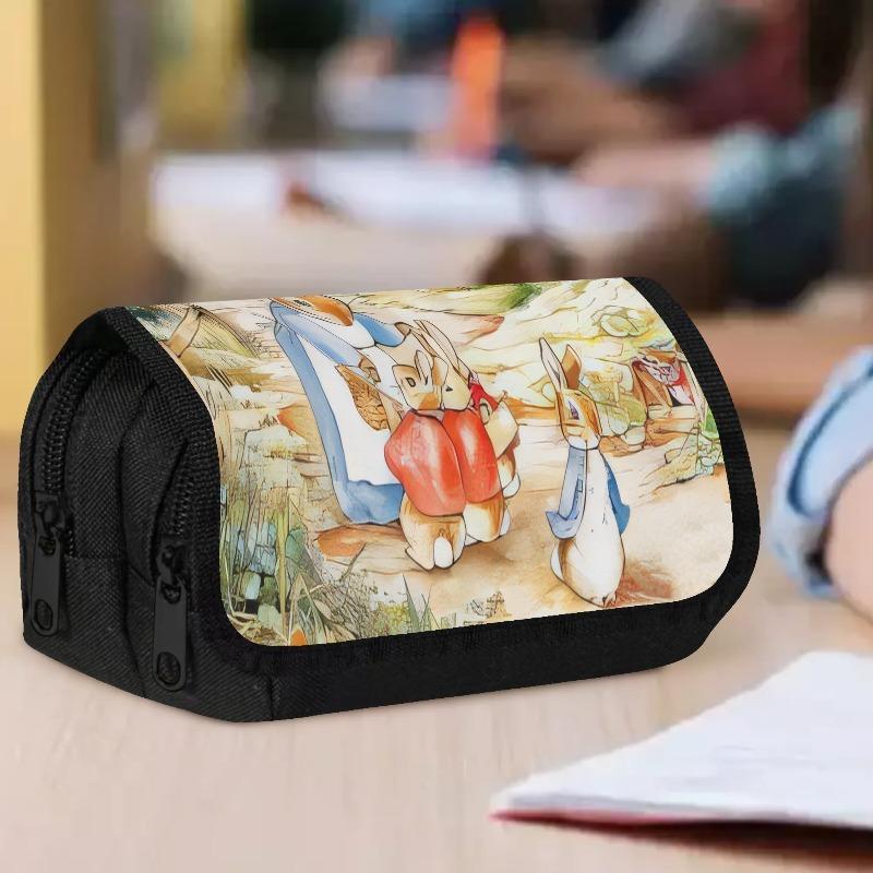 1pc Double Layer Flip Pencil Case - Mrs. Rabbit and Her Babies, Large Capacity, Portable Polyester Pen Storage Bag with Zipper Closure, Ideal for Scho