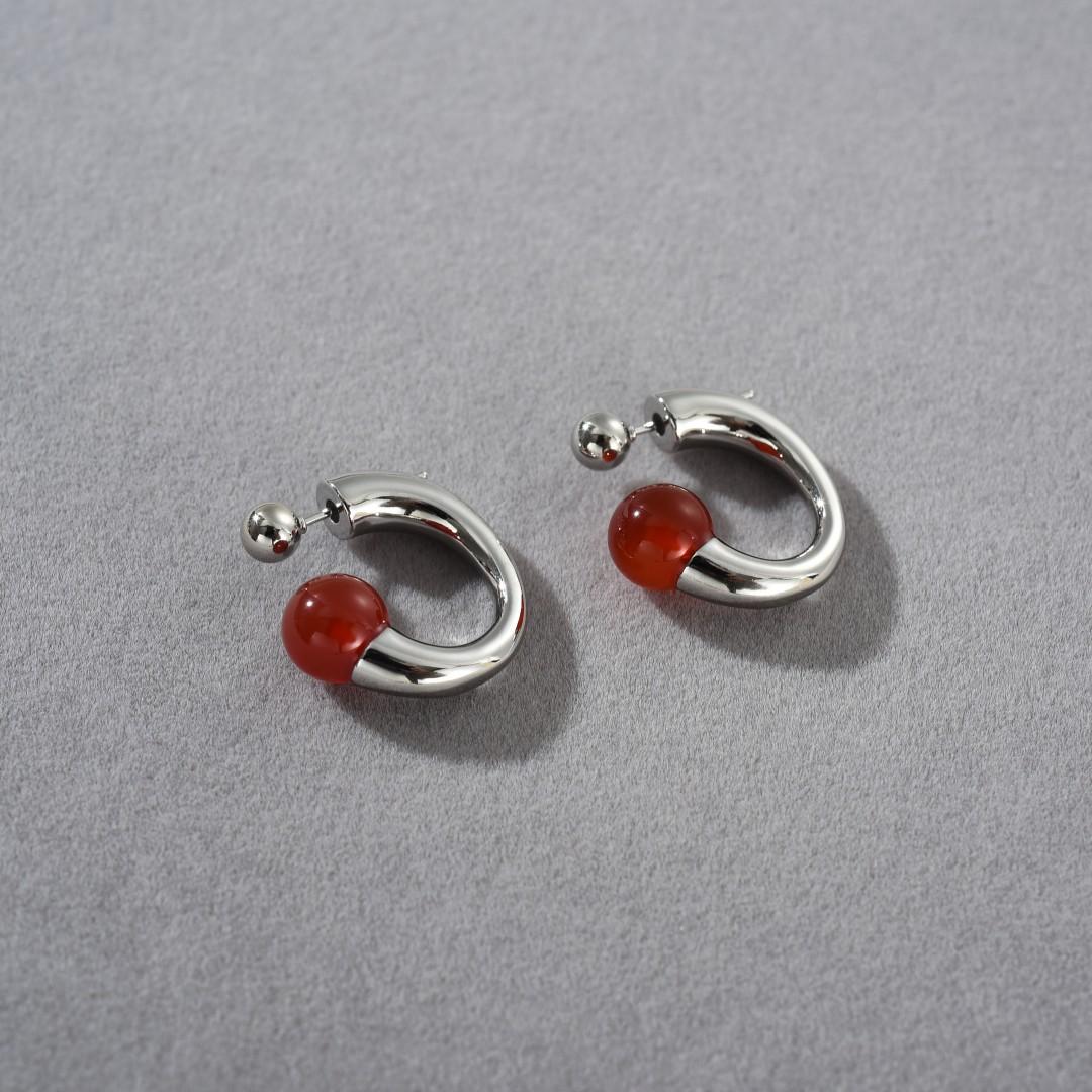 

Temperament Versatile Copper Plated 18K Real Gold Inlaid Red Agate Bead Ring Earrings Personalized Fashion Simple Earrings