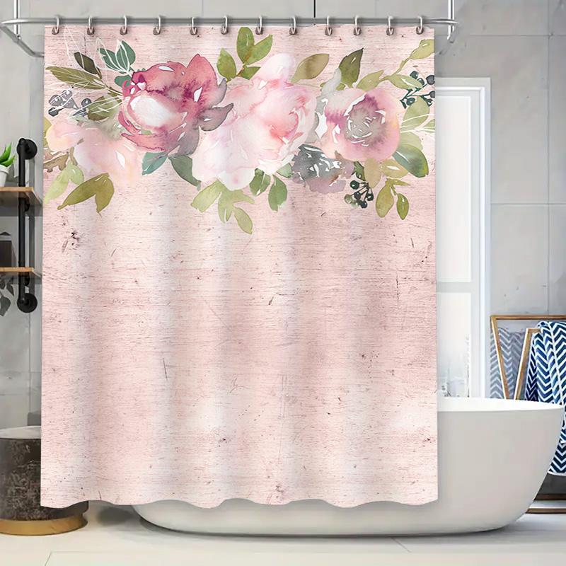 

Watercolor Floral Bath Curtains: Pink Green Roses with Woven Texture for Bathroom Decor Bathtub Shower Door Panels Home Linen Se 90x180cm