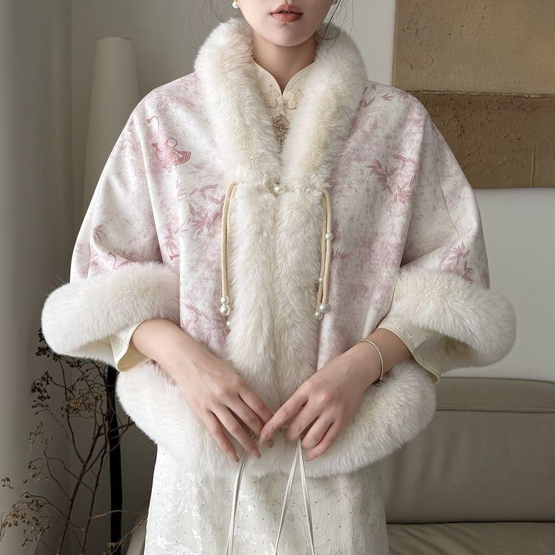 White Cheongsam Shawl Coat New Arrival Autumn Winterfleece-linedthickened Engagement Outwear Winter Cloak