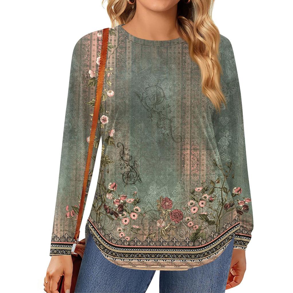 Womens Plus Size Tops Long Sleeve Shirts Round Neck Flowy Tunic Casual Loose Blouse L-5X