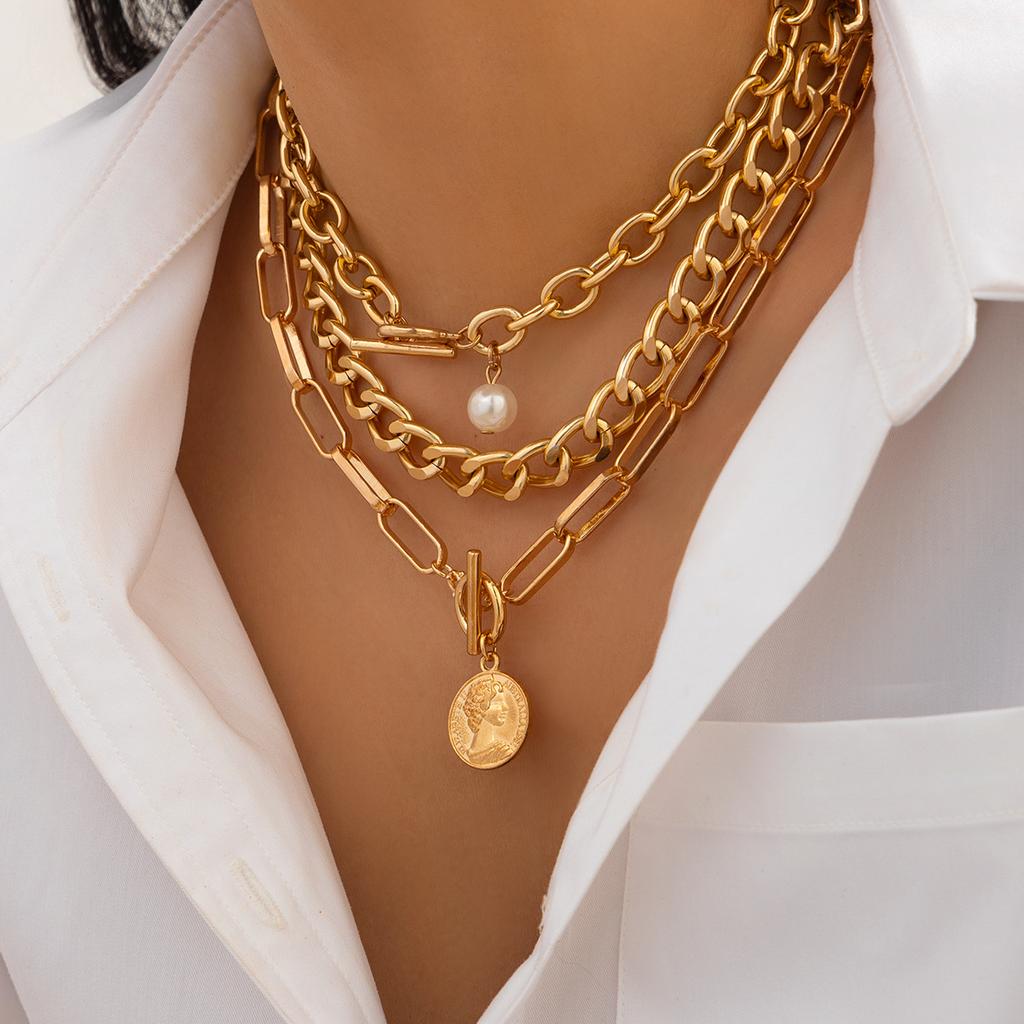 Retro portrait pendant stacked necklace set, personalized snake bone chain cross geometric jewelry