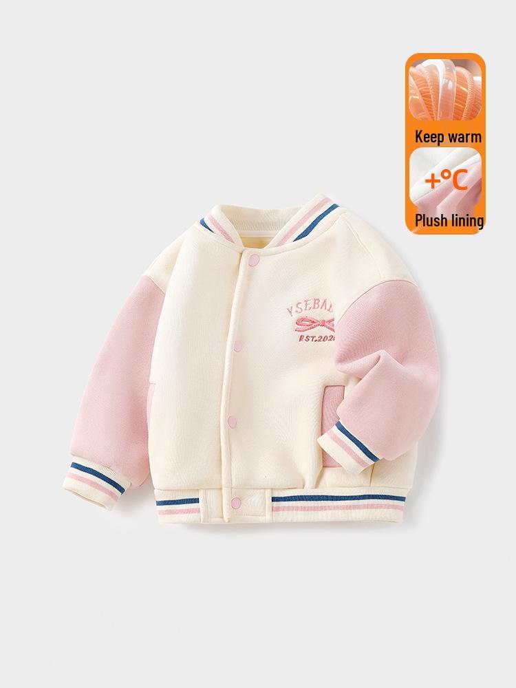 Girls' Cartoon Baseball Jacket: Warm, Fleece-Lined, Thick Cotton Coat With Stand Collar for Autumn/Winter.