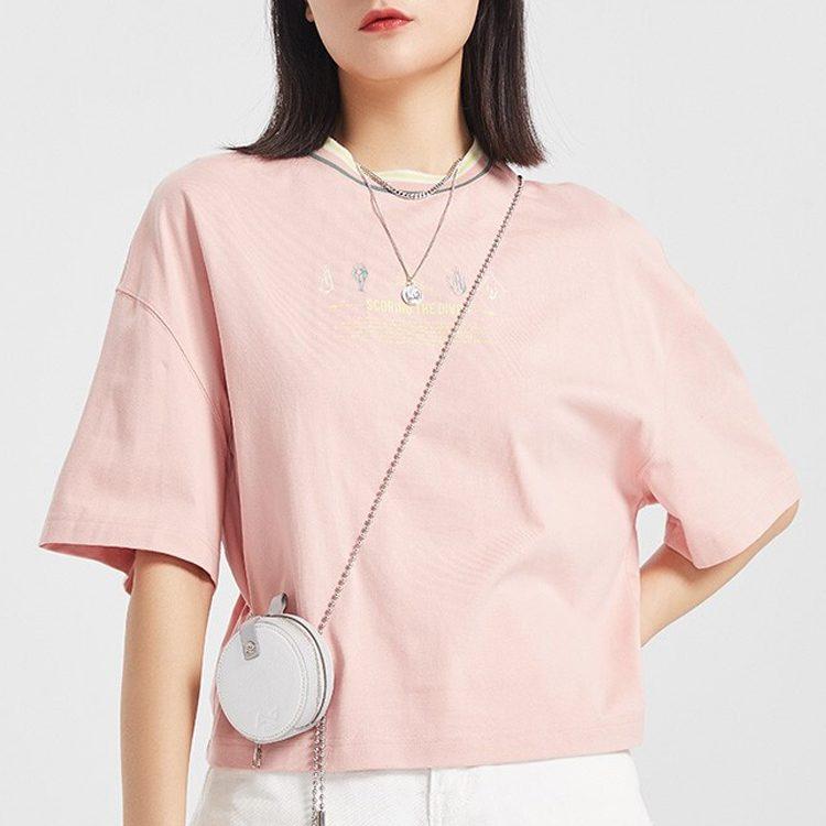 Li Ning Sports Fashion Collection T Shirts Women's Misty Rose Pink Crew Neck Moderate Straight Fit AHSQ246-1