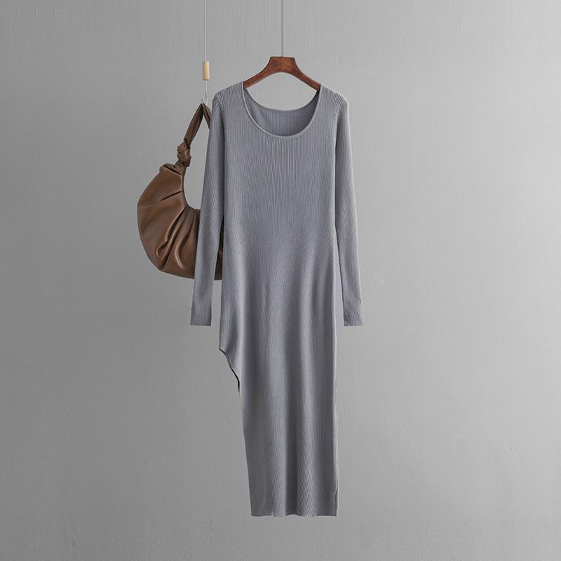 Fall Winter Lazy Wind Loose O-Neck Sweater Dress Women's Long Sleeve Solid Color Slim Slit Knit Wide Dresses