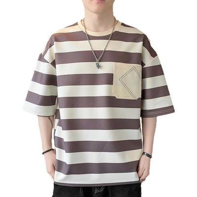 Summer Men's Loose Fit Short Sleeved T-shirt Striped Top Round Neck Half Sleeved T-shirt