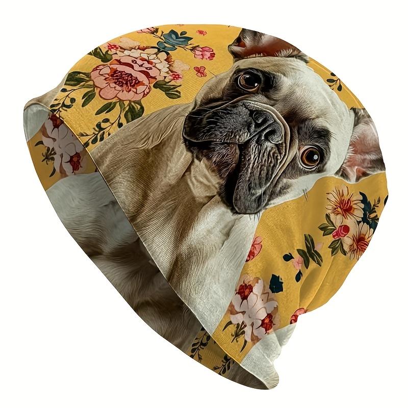A Casual Outdoor Style Animal-Themed Knitted Hat - Featuring a Cute Beige French Bulldog Floral Pattern, Made from Durable Knitted Fabric, Comfortable