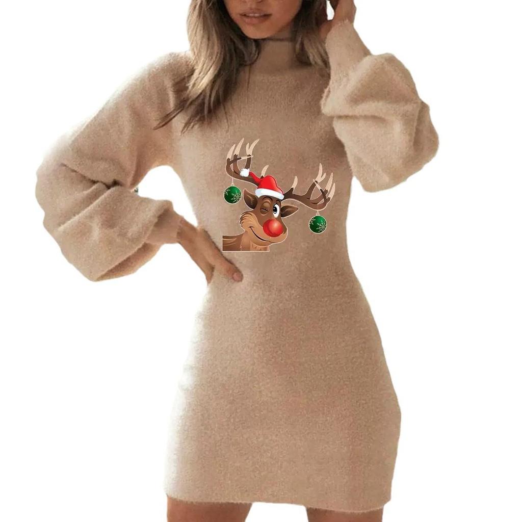 2023 Winter Christmas Print Slim Lantern Sleeve Dress