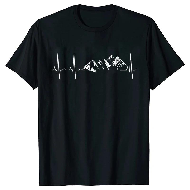 Men's T-shirt Novelty Mountain Heartbeat Pulse Line Tees Climbing Hiking Graphic Y2k Tops Casual Short Sleeve Clothing