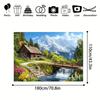 2D Scenic Mountain Backdrop, Alpine Cabin with Waterfall & Forest Photography Background
