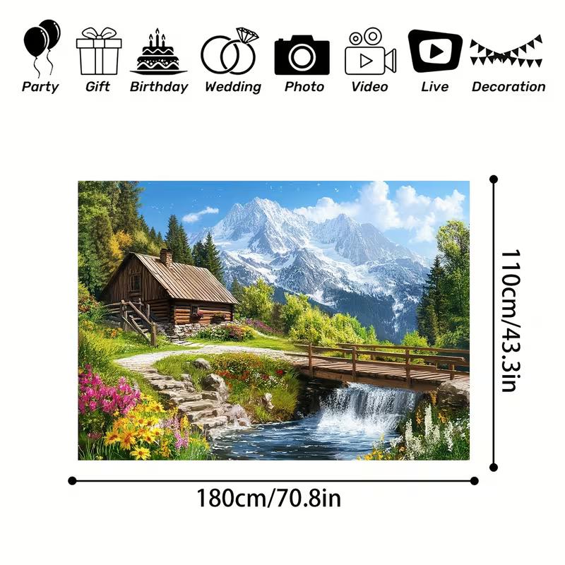 2D Scenic Mountain Backdrop, Alpine Cabin with Waterfall & Forest Photography Background
