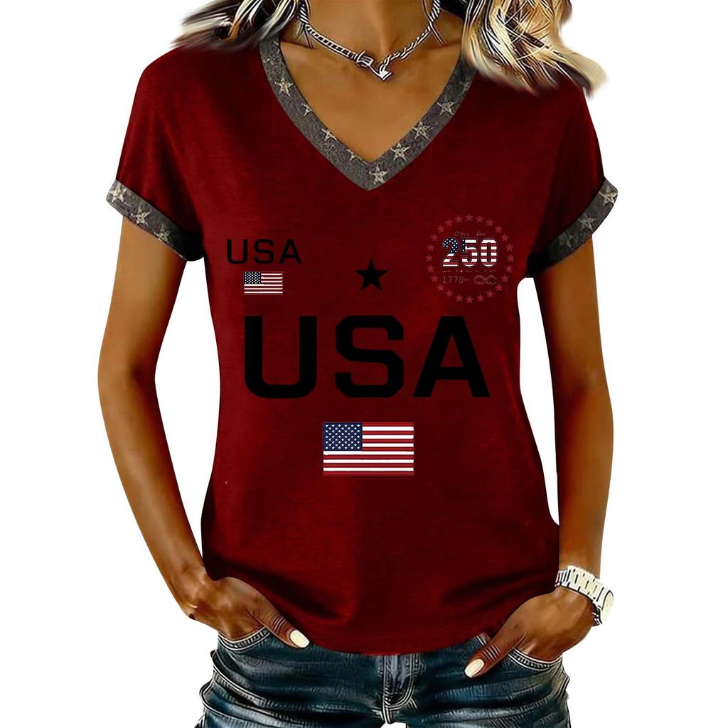 Damen Lässiger V-Ausschnitt Kurzarm Pullover Bedrucktes T-Shirt Top