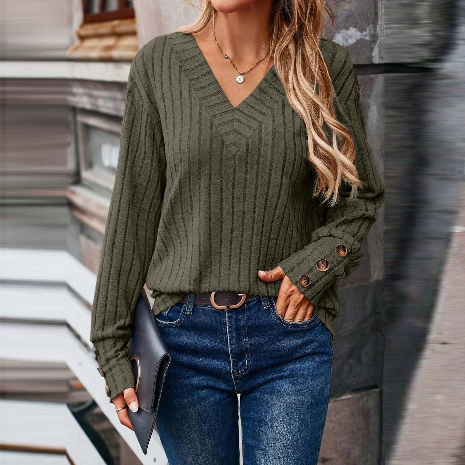 Women s Solid Color Long Sleeve V-neck Button T-shirt S армия зеленый