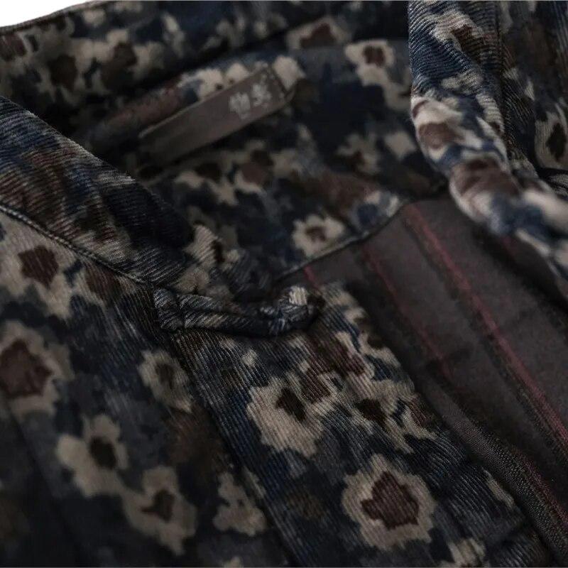 Johnature Women Bat Sleeve Corduroy Parkas Print Floral Winter Coats Warm Stand Button Clothes Winter Women Vintage Parkas