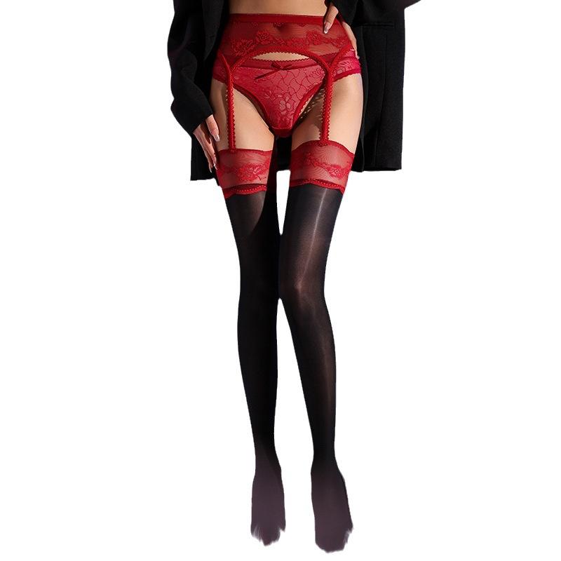 Women Sexy Stockings Transparent Oil Shiny Glossy Sockings Lace Peony Garter Socks Open Crotch High Socks Exotic Lingerie