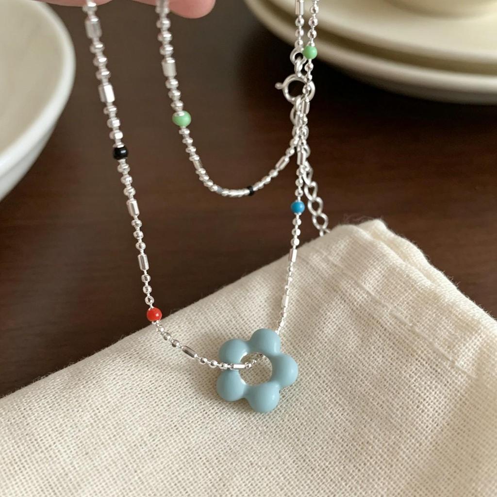 925 Sterling Silver Enamel Bead Colorful Flower Necklace for Women