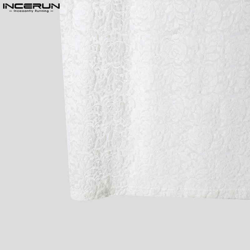 INCERUN Summer Men Sleeveless Lace See Through Mesh Sheer Loose Tank Tops