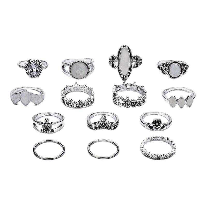 Fashion Women Carved Starry Sky Rhinestone Knuckle Rings Set 14 In 1
