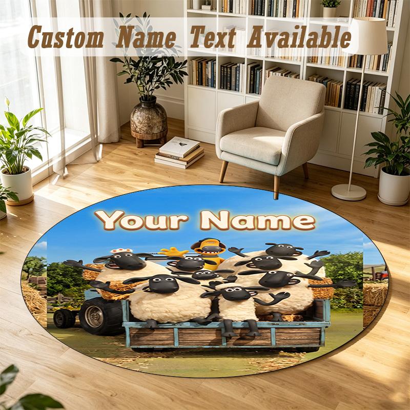 Round Rug Custom NameShaun the Sheep Pattern Non Slip Carpet Home Floor Decor