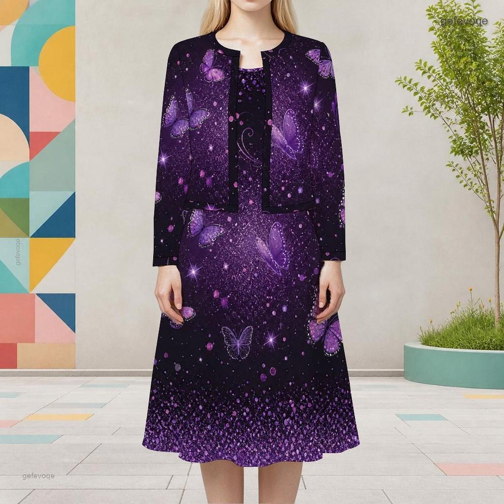 Women Plus Size Black Printed Two Piece Dress Set Round Neck Long Sleeve Cardigan Sleeveless Long Dress