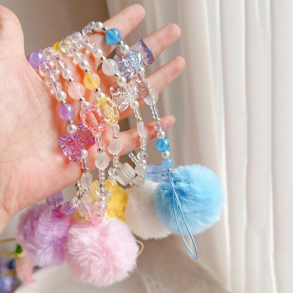 Hair Ball Mobile Phone Chain Sweet Girl Cellphone Pendant Beaded Phone Straps  Bag Pendant
