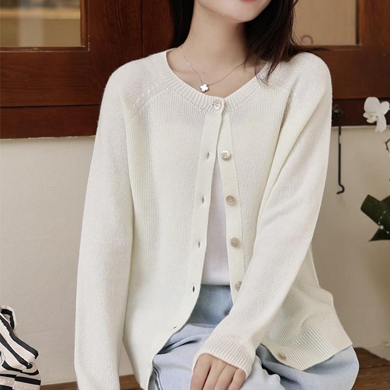0 Wollstrickjacke Damen Rundhalsausschnitt nahtlos gestrickte Jacke lockerer Rückstrickpullover mit dünnen Herbst-Neuheiten