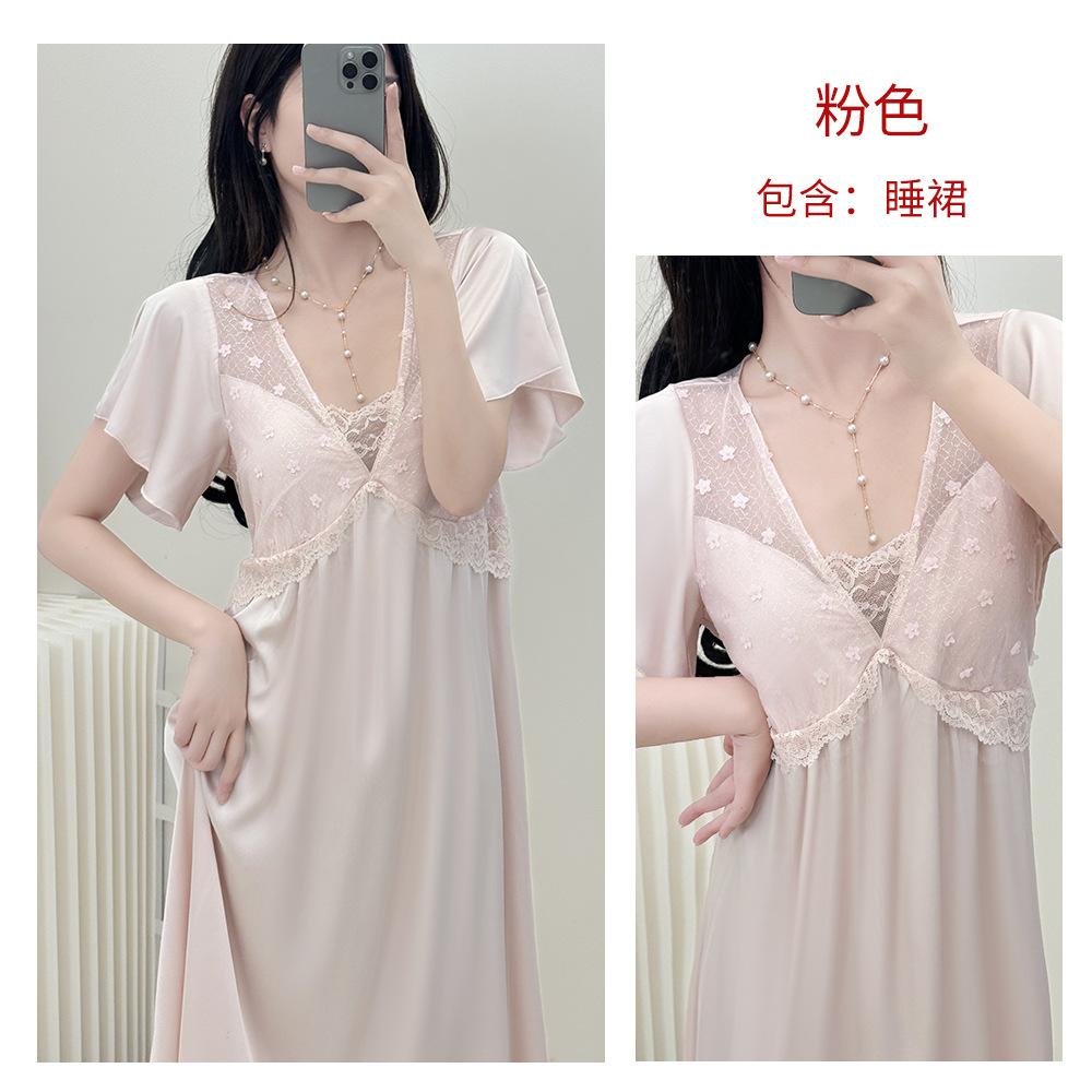 French elegant lace ice silk nightdress for women, summer long high-end short-sleeve loungewear with padded breasts, princess-style pajamas