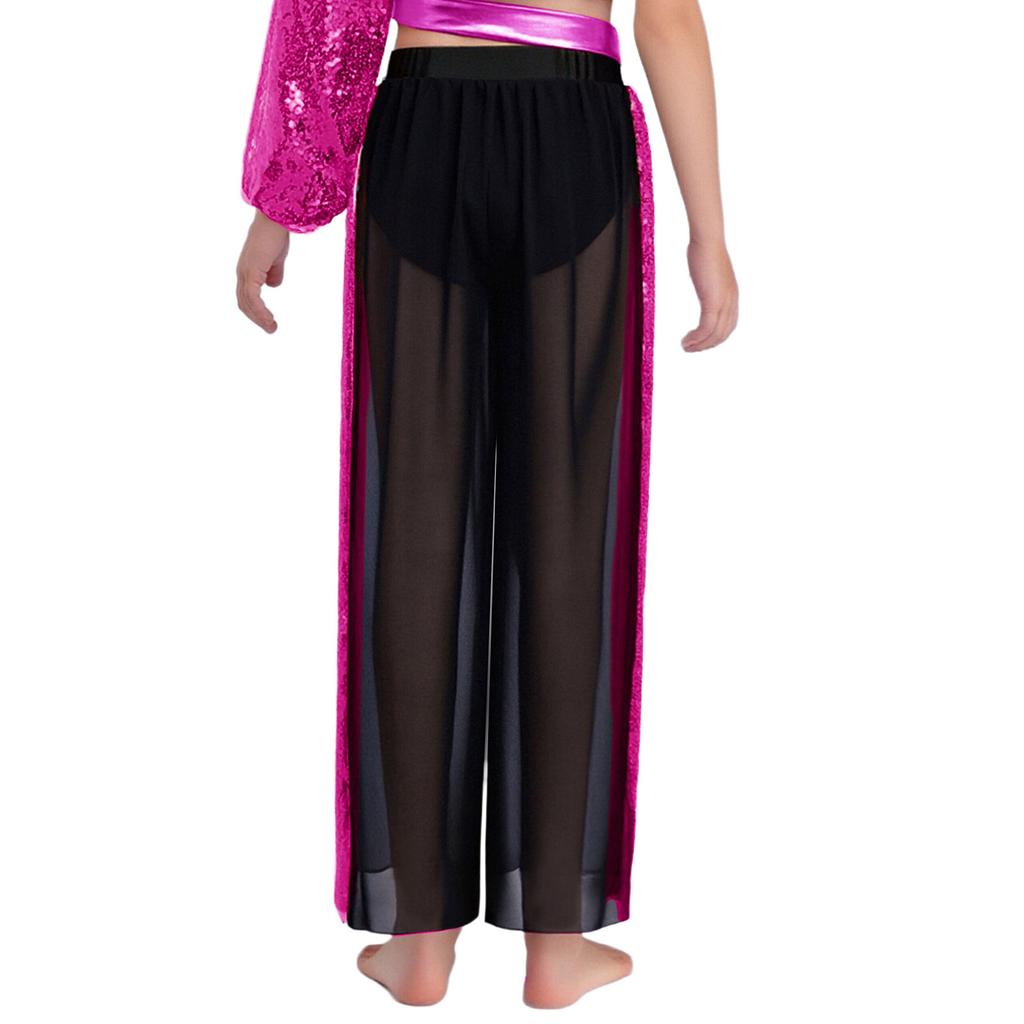 Wedstrijddansbroeken voor meisjes: Elastische Taille Pailletten Patchwork Chiffon Wijde Pijpen Broek voor Lyrische Optredens