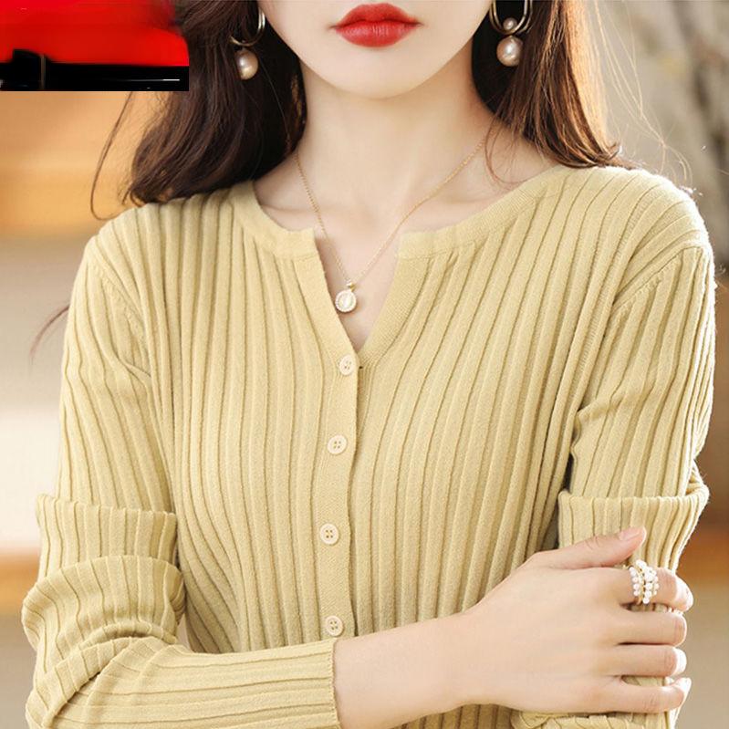 Langärmiger Damenpullover Strickwaren Strickjacke O-Ausschnitt Strickjackenpullover Mantel für Frühling und Herbst