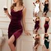 Spring/Summer Velvet Spaghetti Strap Dress: Elegant Pleated Evening Gown with Slit