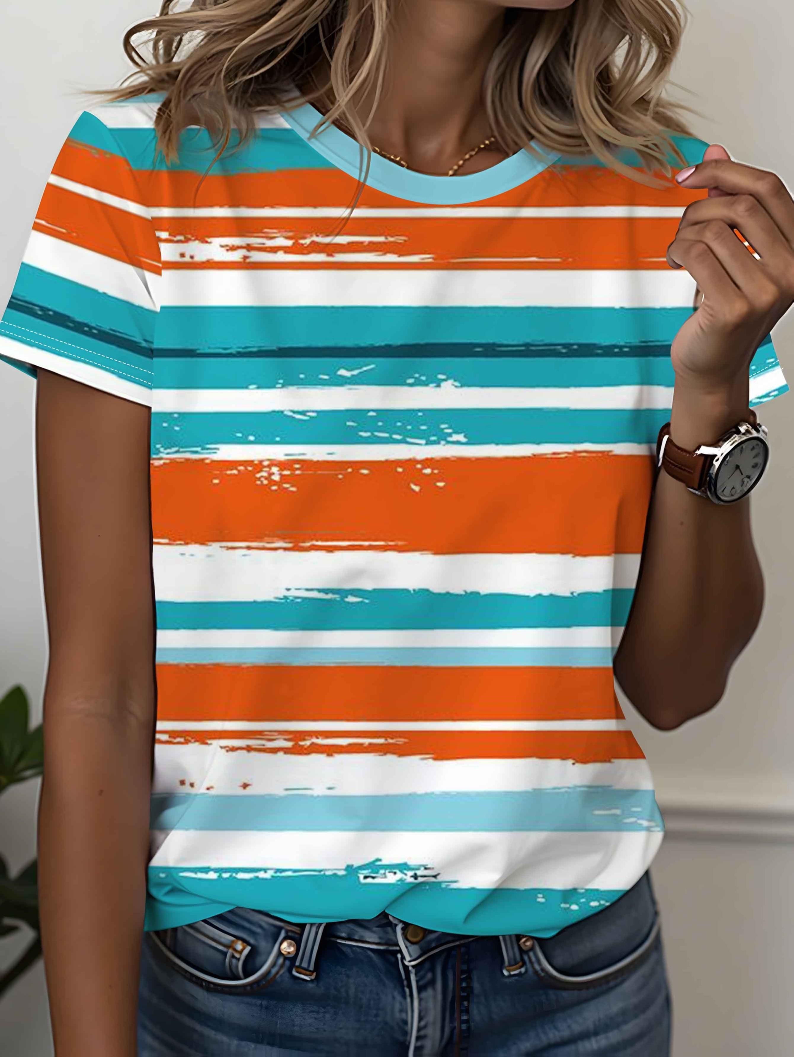 

Women s orange and blue contrast gradient stripe printed short-sleeved T-shirt, casual date XXS